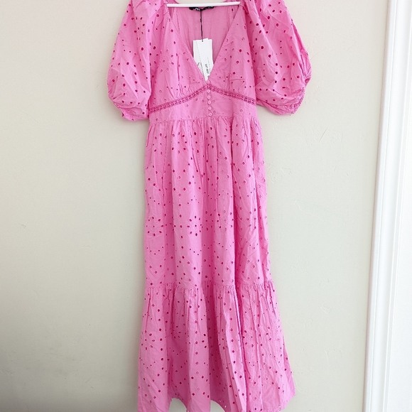 ZARA PINK OPENWORK EMBROIDERED MIDI DRESS PUFF SLEEVES - Picture 8 of 12